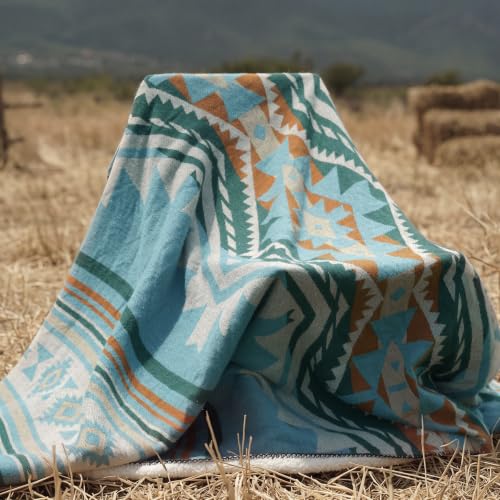 Aztec Throw Blanket with Soft Sherpa Fleece Lining, Native Southwestern Navajo Blanket for Camping, Cozy Boho Throws for Sofa, Bed, 50"x60", Aqua Blue - color: Aqua Blue, size: 50" x 60"