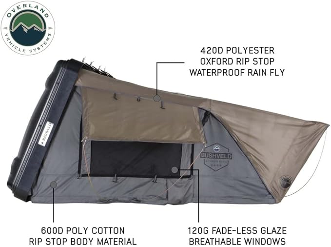 Overland Vehicle Systems Bushveld II Hard Shell Clam Shell Roof Top Tent with Aluminum Base Dark Grey Body and Green Rainfly - 2 Person Tent - Four Seasons Ready