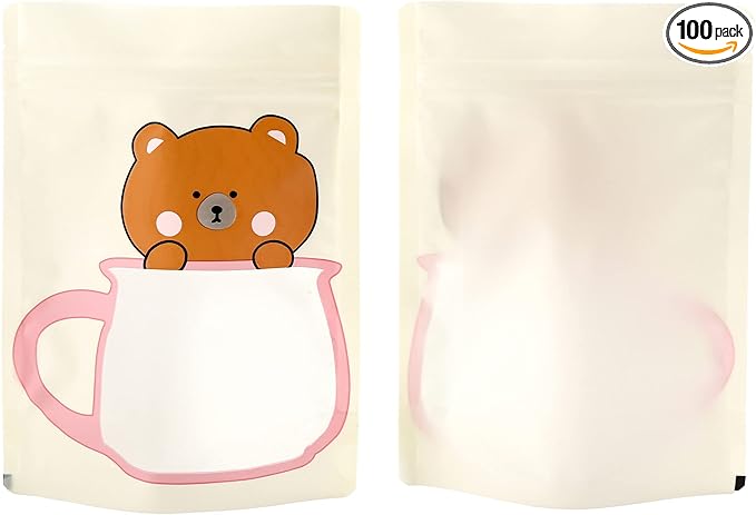 QQ Studio 100 Animal Designed Snack Bags, Plastic Bakery Bags, Cute Favor Bags for Snacks, Pastel Cookie Bags with Window, Zipper Seal Treat Storage Bags (5 Inch x 7 Inch, Yellow Bear)