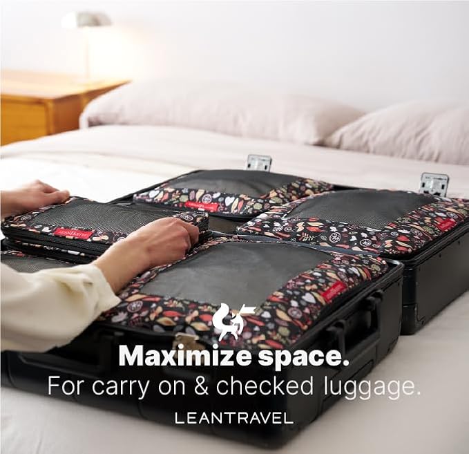 LeanTravel Premium Compression Packing Cubes for Travel - Luggage Organizers with Double Zipper - Sturdy Bags for Suitcase (6-Pack, Flowers)