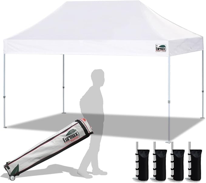 Eurmax USA 10'x15' Pop Up Canopy Tent Commercial Instant Canopies with Heavy Duty Roller Bag,Bonus 4 Sand Weights Bags (White)