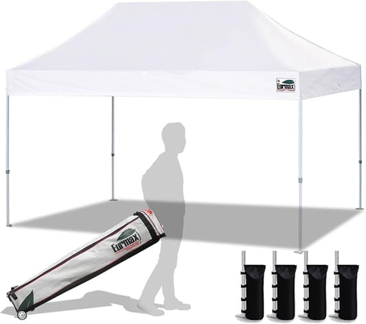 Eurmax USA 10'x15' Pop Up Canopy Tent Commercial Instant Canopies with Heavy Duty Roller Bag,Bonus 4 Sand Weights Bags (White)