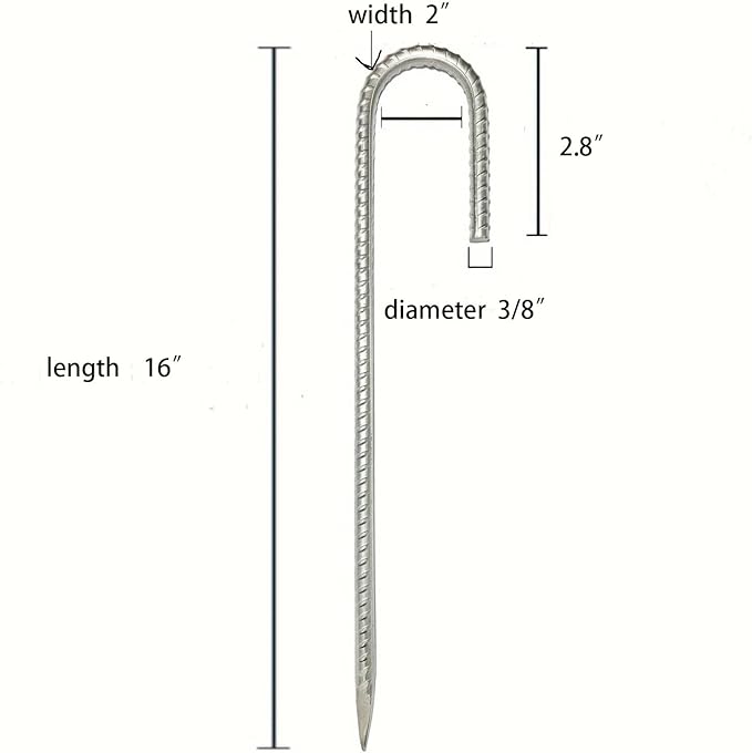 Heavy Duty Ground Stakes, 16 Inch J Hook Stakes, 10 Pack, 5/16 Inch Diameter, Carbon Steel Tent Stakes for Chain Link Fence, Trampoline, Lawn Decorations (J-Shape-Silvery, J-16 * 3/8"-16PCS)