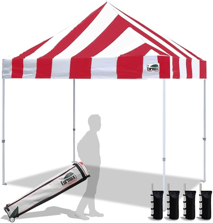 Eurmax USA Standard 10x10ft Patio Pop Up Canopy Tent for Outdoor Events Commercial Instant Canopies with Heavy Duty Roller Bag,Bonus 4 Canopy Sand Bags (Stripe Red)