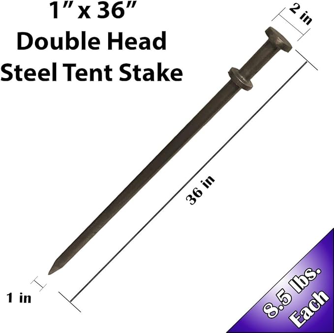 Double Head Tent Stakes - Heavy Duty Steel Tent Stakes, Versatile Ground Spikes to Anchor Commercial Inflatables, Party Tents, and Outdoor Camping Shelters, 1 x 36 Inch, 100-Pack