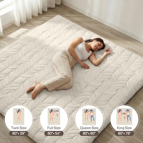 ZonLi Japanese Floor Mattress Futon Mattress Twin Size, Thicken Roll Up Tatami Mat 100% Cotton Washable Cover, Portable & Foldable Floor Bed Mattress for Sleeping, Dormitory, Adult Kids, Khaki