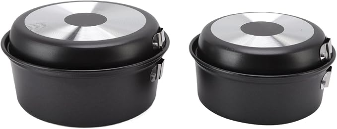Camping Cooking Pot Pan Set, Prevent Stick Portable Aluminum Alloy Stackable Open Fire Outdoor Cookware Even Heat Conduction with Tote Bag for Hiking
