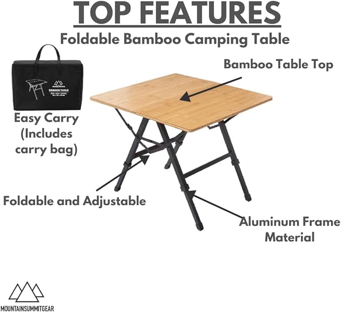 MOUNTAIN SUMMIT GEAR Foldable Bamboo Patio Table for Indoor/Outdoor Use (Made by Caddis Sports)