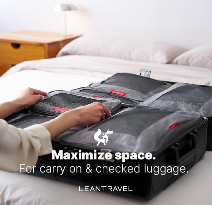 LeanTravel Premium Compression Packing Cubes for Travel - Luggage Organizers with Double Zipper - Sturdy Bags for Suitcase (3-Pack, Grey)