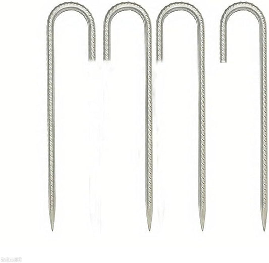 Heavy Duty Ground Stakes, 16 Inch J Hook Stakes, 10 Pack, 5/16 Inch Diameter, Carbon Steel Tent Stakes for Chain Link Fence, Trampoline, Lawn Decorations (J-Shape-Silvery, J-16 * 3/8"-4PCS)