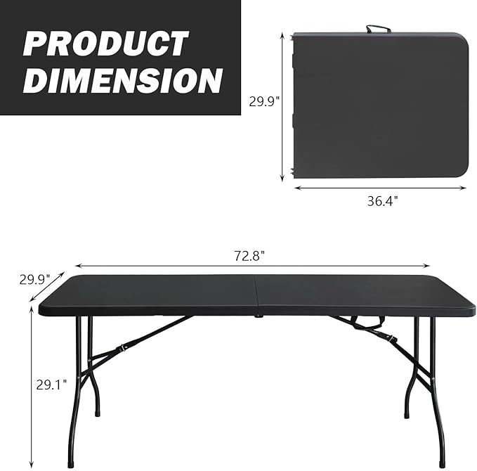 Portable Plastic Folding Table 4ft/6ft/8ft Heavy Duty White Black Picnic Dining Table Fold-in-Half for Camp Party Kitchen Indoor Outdoor