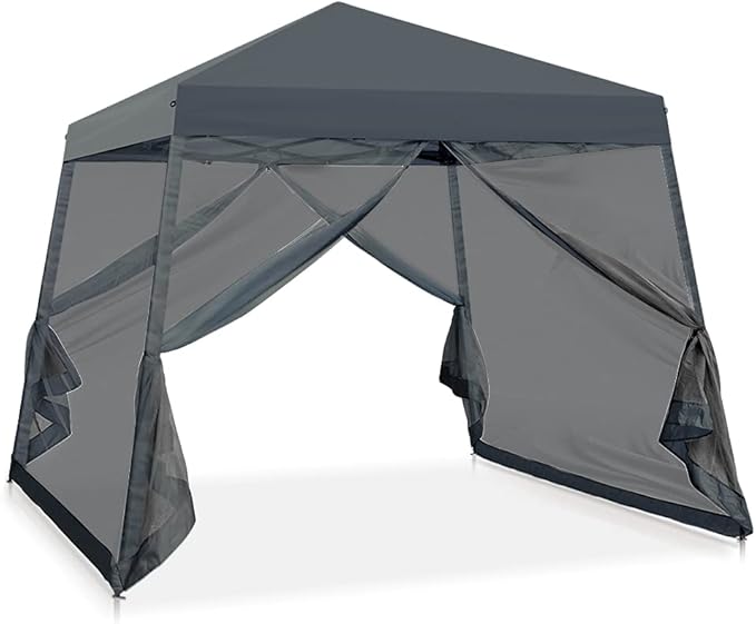 COOS BAY 10x10 Pop Up Canopy Tent with Screen Netting, Slant Leg Canopy with UPF 50+ UV Protection, 64 Sq Ft Shade, One Person Setup with Carry Bag, Gray