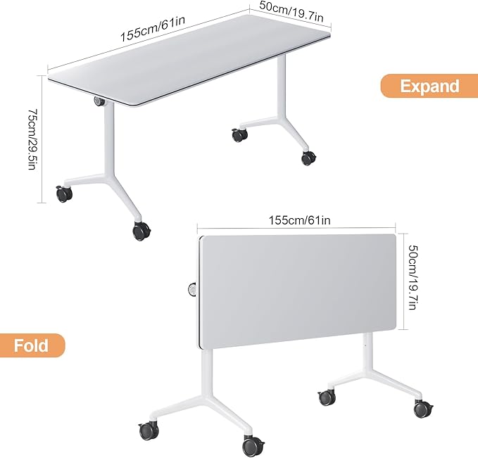 2Packs 61 Inch Folding Conference Table 5.09 FT Space-Saving Training Classroom Table,Heavy-Duty Meeting Table for Office Events,Easy Storage Design, Rectangular Table with Durable Legs White