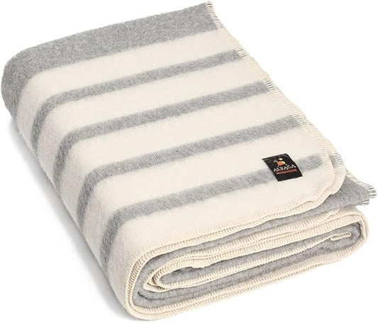Thick Alpaca Wool Blanket Heavyweight Camping Outdoors Indoors Soft Peru Queen Size Stripes Design (Soft Gray/Ivory, Queen Size)