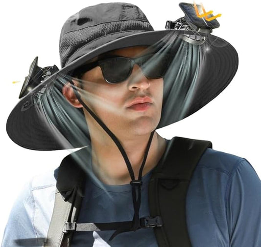 Outdoor Wide Brim Sun Hat with 2 Solar Powered Fan, Bucket Hat for Men Women, Fishing, Gardening & Beach Hat for Men