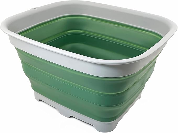SAMMART 15L (3.9 Gallon) Collapsible Dishpan with Draining Plug - Foldable Washing Basin - Portable Dish Washing Tub - Camping & Space Saving Kitchen Storage Tray (Grey/Dark Sea Green)