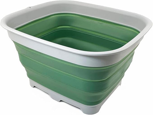 SAMMART 15L (3.9 Gallon) Collapsible Dishpan with Draining Plug - Foldable Washing Basin - Portable Dish Washing Tub - Camping & Space Saving Kitchen Storage Tray (Grey/Dark Sea Green)