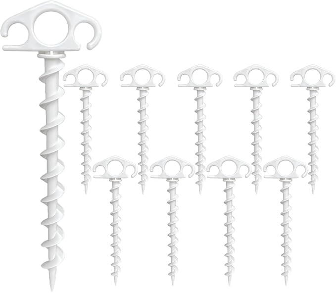 Tent Stakes Ground Anchors Screw in, 10 Pack Sand Stakes for Beach 9.4 Inch Heavy Duty Spiral Tent Pegs for Camping, Party, Hiking, Outdoor Decoration (10, White)