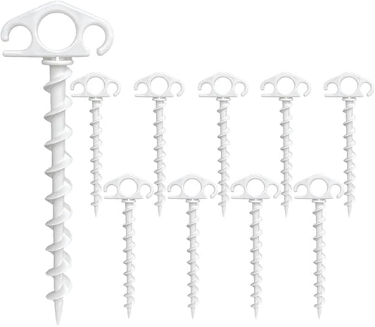 Tent Stakes Ground Anchors Screw in, 10 Pack Sand Stakes for Beach 9.4 Inch Heavy Duty Spiral Tent Pegs for Camping, Party, Hiking, Outdoor Decoration (10, White)