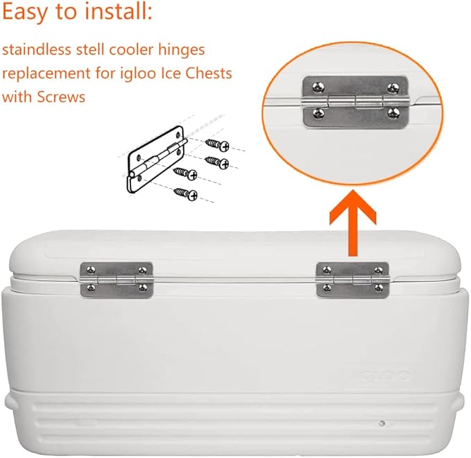 6pcs Stainless Steel Cooler Hinges and Screws Set Compatible with Igloo Style Ice Chests (Set of 6 Hinges, 24 Screws)