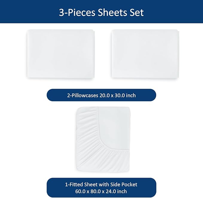 Queen Sheet Sets Air Mattress Sheets - 3 Pieces Extra Deep Pocket Queen Sheets Sets 16 to 24 inch - Sheets with Pockets on Side - Easily Fits Extra Deep Pillow Top Air Mattress (White)