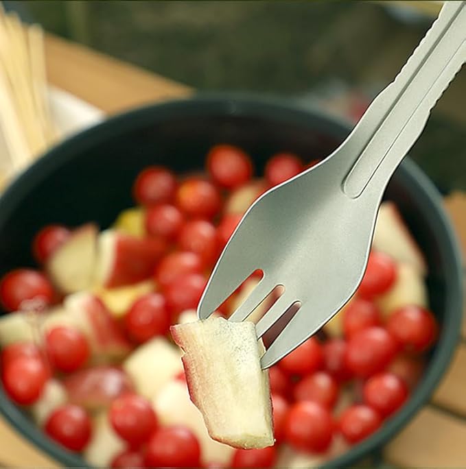 PortableAnd 4-in-1 Camping Utensil Set: Spoon, Spork, Knife, Tongs - Stainless Steel Multi Tool for Outdoor Cooking, Backpacking, Hiking, Picnics - Lightweight Travel Utensil with Carry Bag (1-Pack)