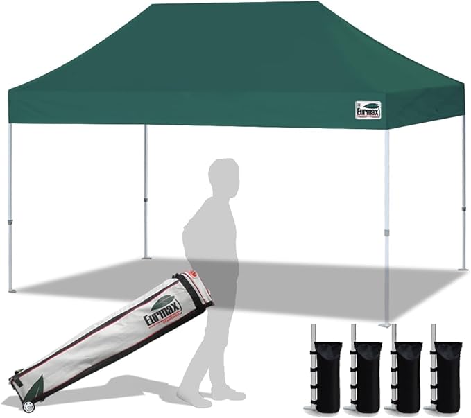 Eurmax USA 10'x15' Pop Up Canopy Tent Commercial Instant Canopies with Heavy Duty Roller Bag,Bonus 4 Sand Weights Bags (Forest Green)