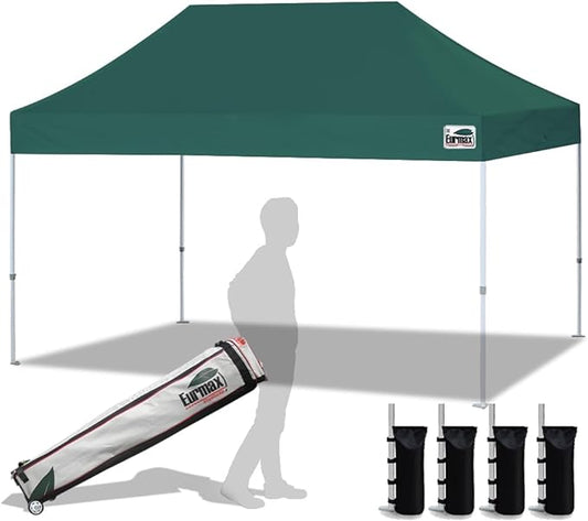 Eurmax USA 10'x15' Pop Up Canopy Tent Commercial Instant Canopies with Heavy Duty Roller Bag,Bonus 4 Sand Weights Bags (Forest Green)