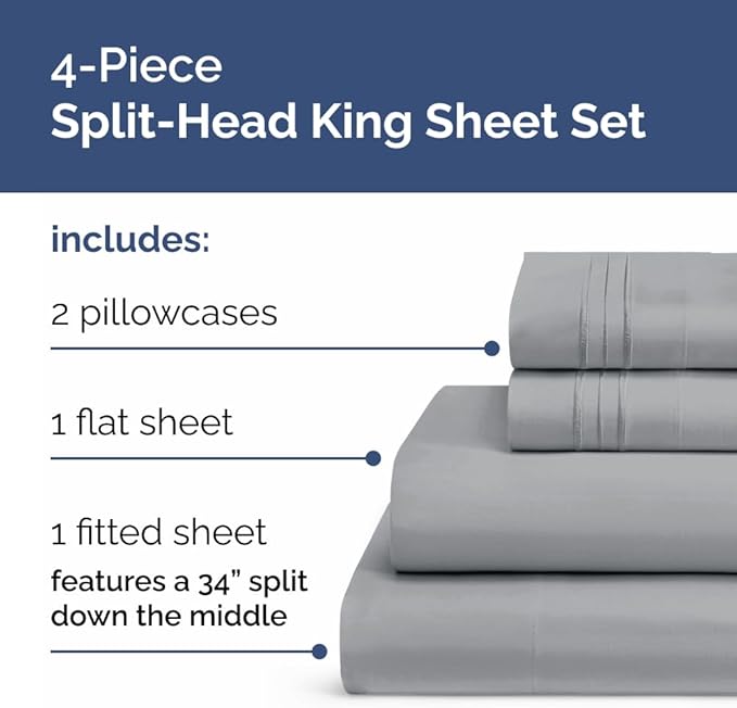 Flex Top Split Head King 4 Piece Sheet Set - Comfy Breathable & Cooling Bed Sheets Set - Hotel Luxury Bedding for Women, Men, Kids, Teens, Boys & Girls - Deep Pockets, Soft and Oeko-Tex - Steel Blue