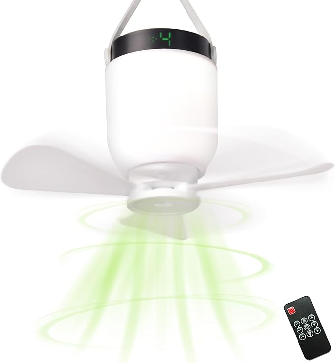 HOYECHI Camping Accessories Fan with Light - Portable Rechargeable Tent Fan with 8000mAh Battery, Remote Control & Hanging Hook - Cool Camping Gear for Tents, Outdoor, RV & Car Essentials
