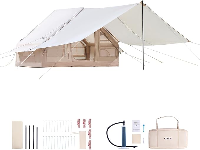 VEVOR Inflatable Tents for Camping, Easy Setup Blow up Tent with Hand Pump, 4 Season Glamping Tent with Stove Jack, Doors & Mesh Windows, Storage Bag Included for Easy Taking