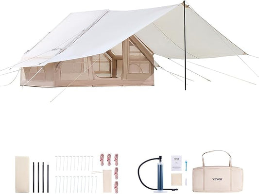 VEVOR Inflatable Tents for Camping, Easy Setup Blow up Tent with Hand Pump, 4 Season Glamping Tent with Stove Jack, Doors & Mesh Windows, Storage Bag Included for Easy Taking