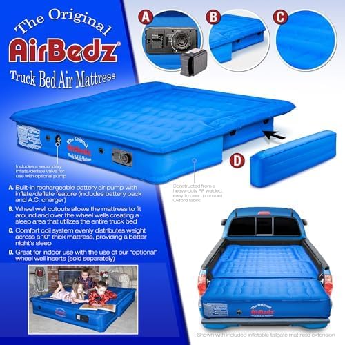 Pittman - Truck Bed Mattress 5.5 ft > 5ft - The Original Airbedz Truck Bed Air Mattress - Mid Size Short Beds Like The Tacoma - 25% More Coverage for Pickup Camping