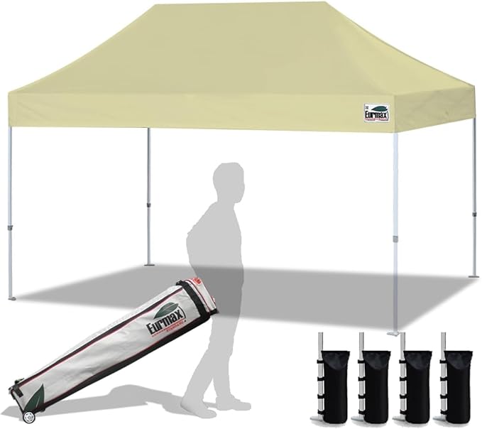 Eurmax USA 10'x15' Pop Up Canopy Tent Commercial Instant Canopies with Heavy Duty Roller Bag,Bonus 4 Sand Weights Bags (Beige)