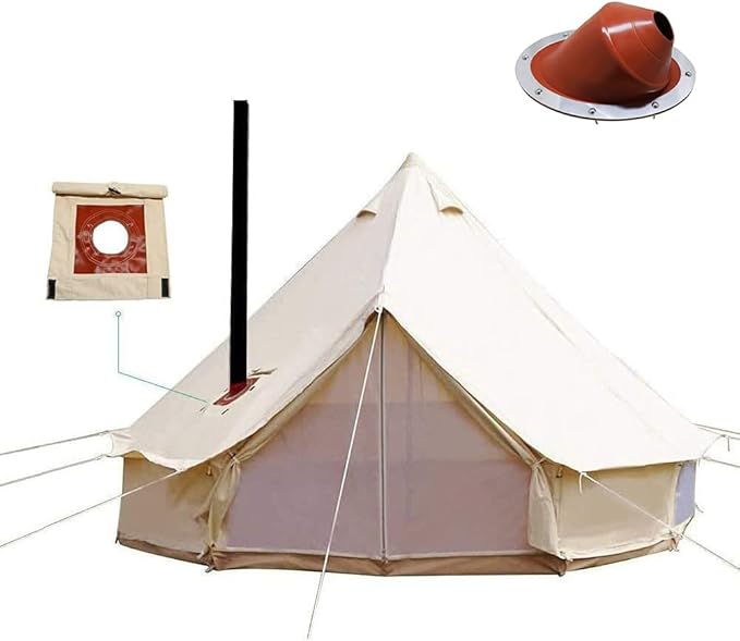 Playdo 4-Season Waterproof Cotton Canvas Bell Tent with Stove Hole and Tent Flue Flashing Kit for Outdoor Camping, Hunting, Hiking, Festival, Party