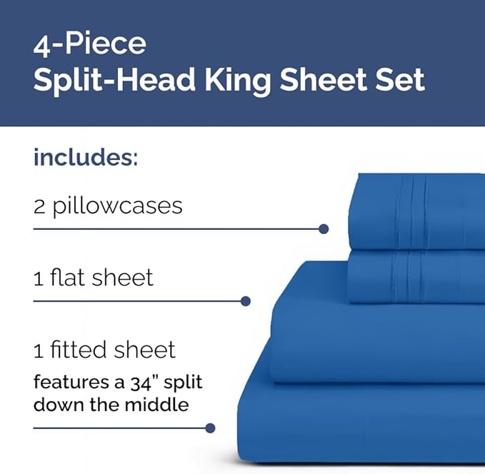 Flex Top Split Head King 4 Piece Sheet Set - Comfy Breathable & Cooling Bed Sheets Set - Hotel Luxury Bedding for Women, Men, Kids, Teens, Boys & Girls - Deep Pockets, Soft and Oeko-Tex - Royal Blue