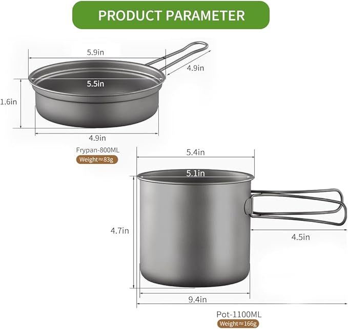 BY-J 2 Piece-Set Titanium Bowl Pot Set with Folding Handle, Outdoor Camping Picnic Pan, Ultralight Cooking Tableware Picnic Dishes