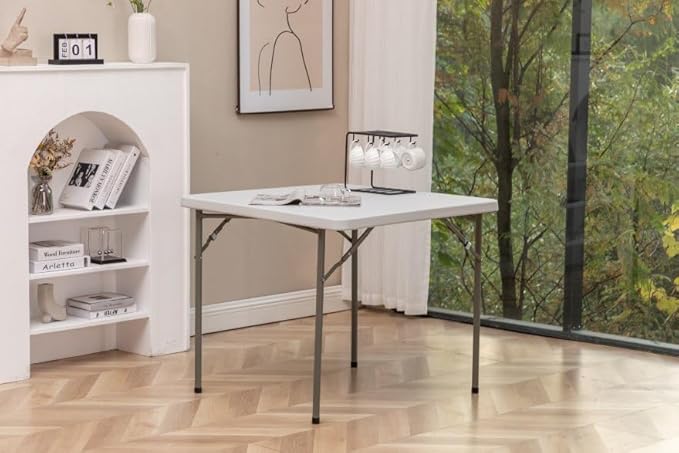 BTEXPERT 34" Bi-Folding Commercial Fold in Half Square Table Heavy Duty Portable Plastic Dining Card Table w Handle for Indoor Outdoor Kitchen Party Wedding Event White Set of 2