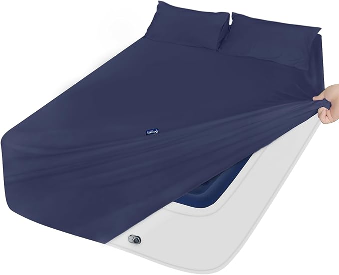 California King Sheet Sets for Air Mattress - Extra Deep Pocket Cal King Sheet Set - 3Pcs Side Storage Pocket Fitted Sheet & Pillowcases Easily Fits 16in to 24in Pillow Top Bed Mattress - Navy Blue