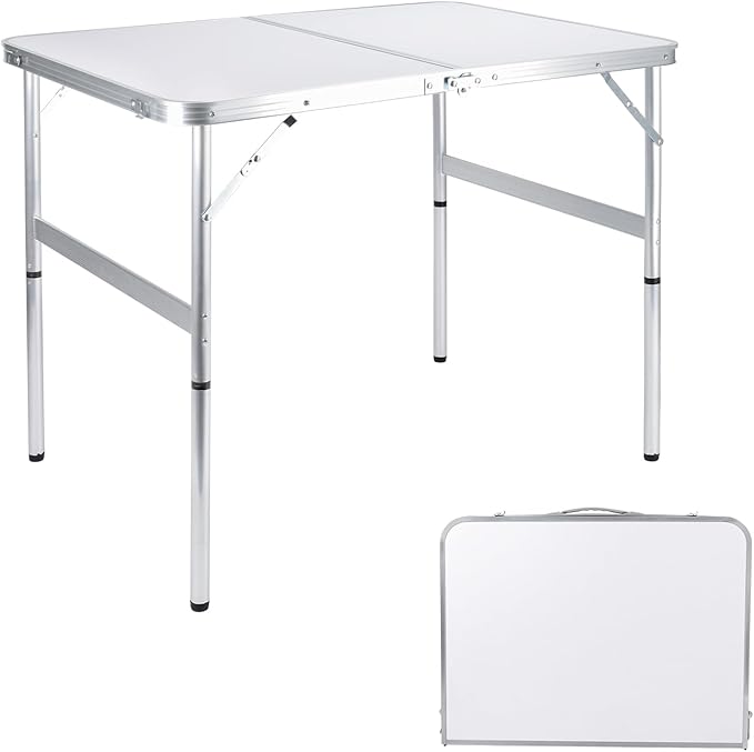 Folding Camping Table 3 Ft Portable Picnic Table Foldable 2 Height Adjustable Aluminum Camp Table Outdoor for Card BBQ White 35.5×23.6×26 inch