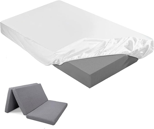 Breling Fitted Sheet (Sheet Only) Compatible with Milliard Trifold Mattress Folding Mattress Fitted Microfiber Bedsheet for Camp Bunk Rvs Bed(White,Queen,4'')