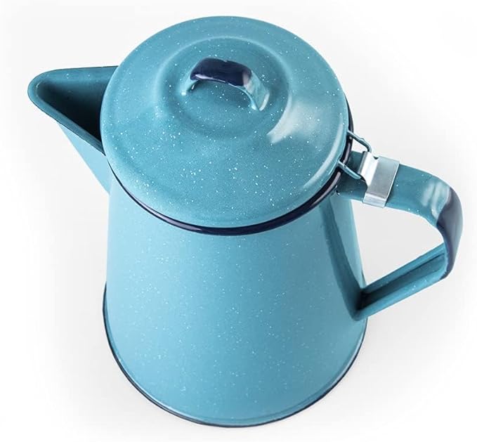 Cinsa Enamelware Coffee Pot (Turquoise Color) - 8 Cups - Camping Essentials - Hot Water for Coffee and Tea - Light and Resistant