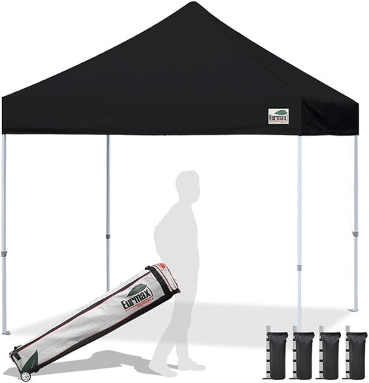 Eurmax USA Standard 10x10ft Patio Pop Up Canopy Tent for Outdoor Events Commercial Instant Canopies with Heavy Duty Roller Bag,Bonus 4 Canopy Sand Bags (Black)