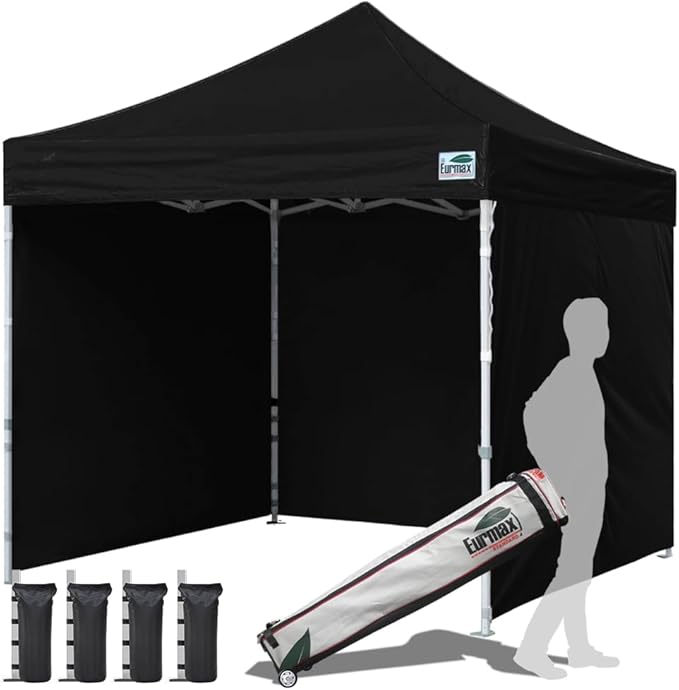 Eurmax USA 10'x10' Pop-up Canopy Tent Commercial Instant Canopies with 4 Removable Zipper End Side Walls and Roller Bag, Bonus 4 SandBags(Black)