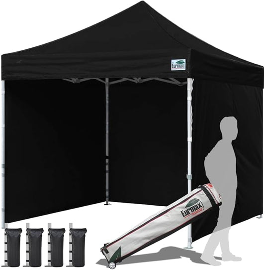 Eurmax USA 10'x10' Pop-up Canopy Tent Commercial Instant Canopies with 4 Removable Zipper End Side Walls and Roller Bag, Bonus 4 SandBags(Black)