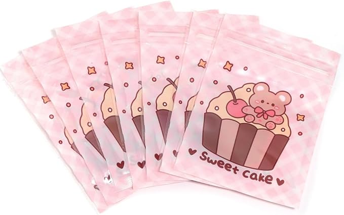 50 Pieces 7.5x11cm Small Cartoon Resealable Bags Cute PP Bag For Jewelry Packaging Bags Premium Adorable Anime Gift Bag (Pink bear)