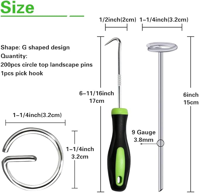 Bakulyor 200Pcs Circle Top Landscape Staples, 6 Inch Garden Stake 9 Gauge Galvanized Landscape Fabric Stakes, Heavy Duty Yard Ground Pins for Outdoor Gardening Weed Barrier Sod Fabric - Silver 6"