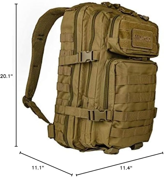 Mil-Tec Unisex Assault Pack - Rugged Durable Lightweight Ergonomic Versatile Tactical Outdoor Camping Hiking Backpack with Adjustable Padded Shoulder Straps & MOLLE Loops, Coyote, 36L