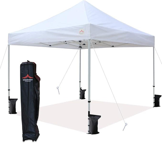 10'x10' Pop Up Canopy Tent Commercial Instant Shelter with Heavy Duty Roller Bag, 4 Canopy Sand Bags, 10x10 FT White