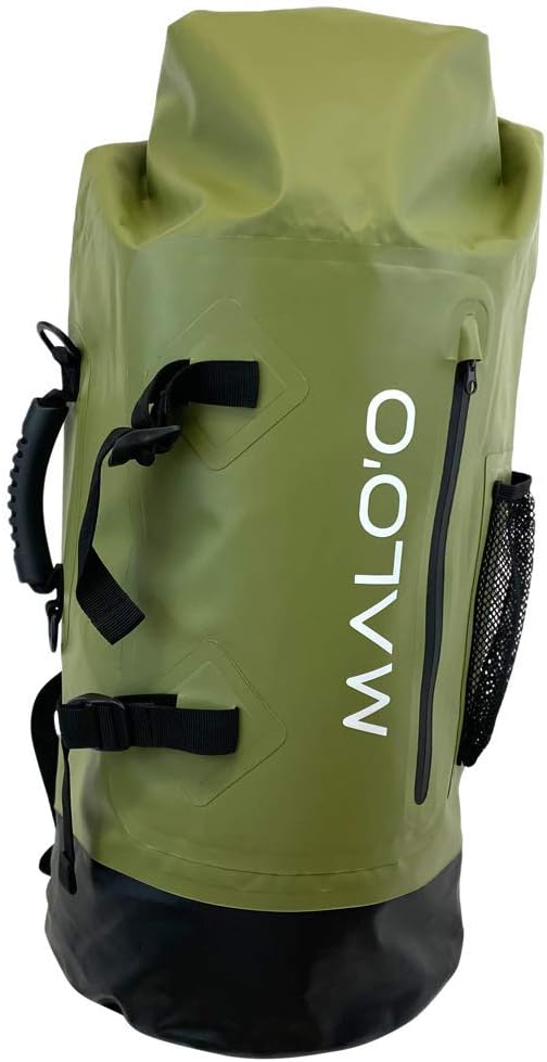 Malo'o 45L Waterproof Heavy Duty Backpack Dry Bags for Kayaking, Camping, Fishing, Hiking Daypack - Beach Accessories, Boat accessories, and Travel Gear - Fishing Rod Case Straps (Green)